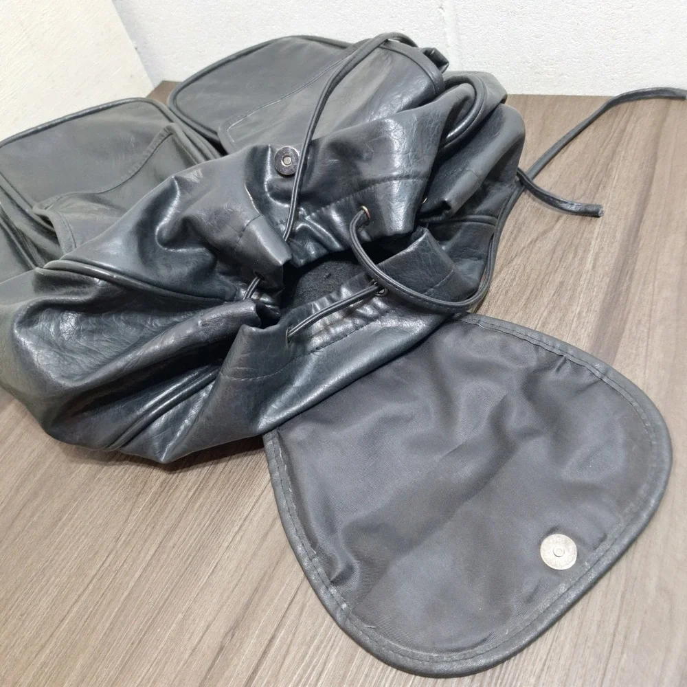 Nexus Backpack Black Faux Leather Vintage Drawstring Flap Pockets Large Size